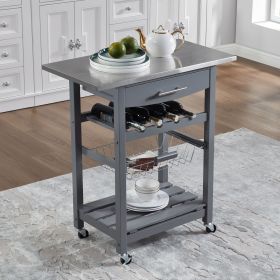 Mobile Rolling Kitchen Island Trolley Serving Cart with Underneath Drawer & Slide-Out Wire Storage Basket